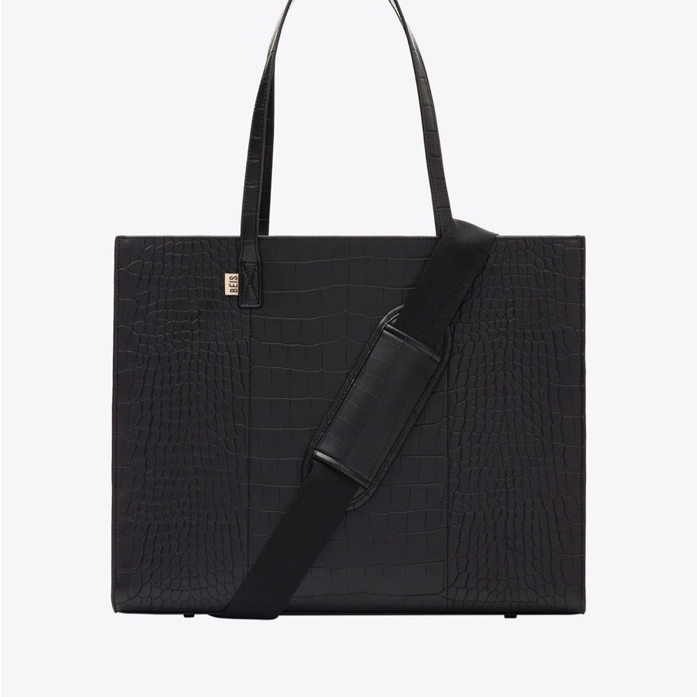 BEIS Black Croc-Embossed Tote with Adjustable Shoulder Strap